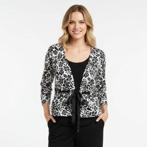 Floral Knit Cropped Black & White Waist Belt Sweater Top By WHBM Size M